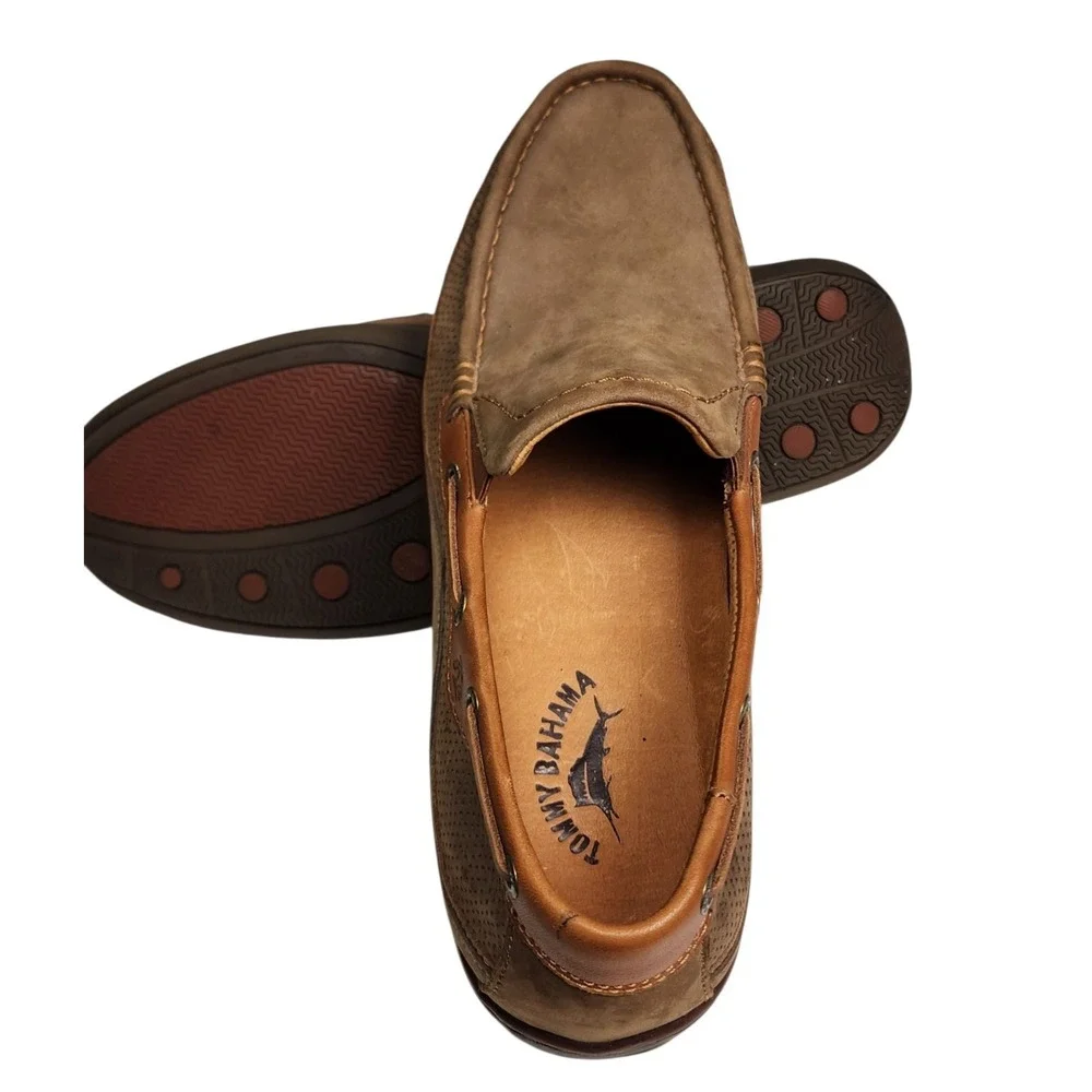 Tommy Bahama Men's 10M Dark Olive Nubuck Leather Slip On Loafers Boat Shoes